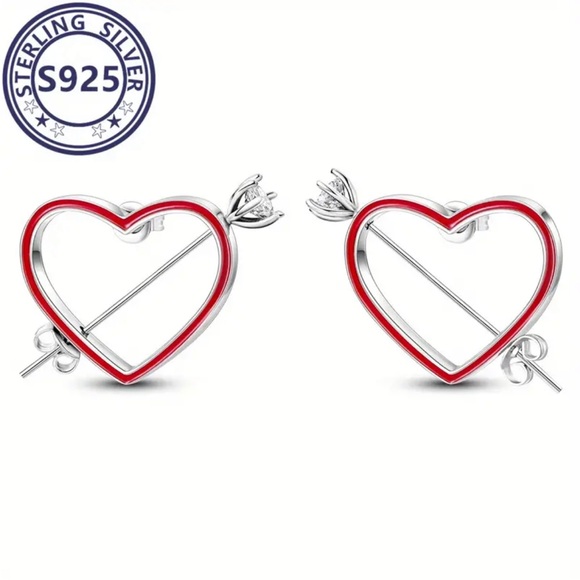 Whimsy_and_Rose Jewelry - Sterling Silver Red Heart Arrow Stud Earrings